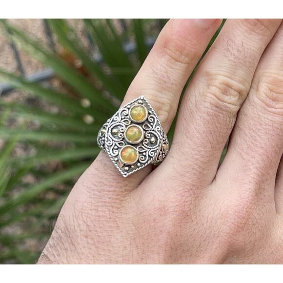 18k Gold and Sterling Silver Ring 925 Size 9.5 Bali Opal Scroll M ID signed - Picture 4 of 9